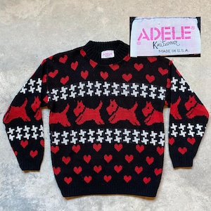 Vintage 1980s Scotty Dog Knit Sweater XS original 1980s acrylic knit pullover X-Small Adele label Scottish Terrier hearts dogs black & red