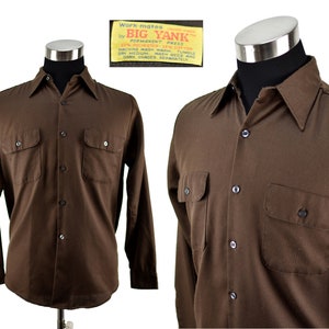 Vintage 70s BIG YANK Work Shirt Large - &gt; Medium | workwear 1970s 60s chore brown milk chocolate mechanic pocket shirt chore button-down L