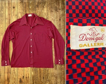 Vintage 60er 70er Rot & Navy KaroTasche Shirt GROß | 60er 70er Jahre Disco Ära Schmetterling Kragen Freizeit Shirt Lounge Donegal Acetate Lounge L