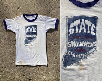 Vintage 1977 Indiana State Swimming Championship Ringer T-Shirt YOUTH LARGE -> Adult XS | 70s 1970s original athletic varsity swim ringer