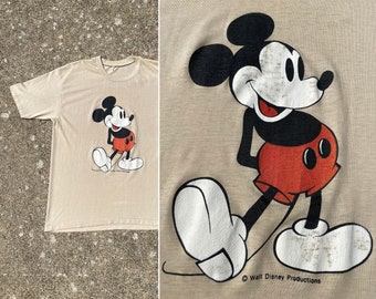 Vintage 70s 80s Original Mickey Mouse T-Shirt LARGE | 1970s 1980s Disney World retro tan sand cream single-stitch thin comfy distressed L
