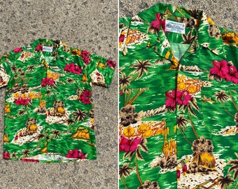 Vintage 70s K-Mart RAYON Hawaiian Shirt SMALL | tiki palm 1970s Hawaii surf volcano disco era tropical vacation beach island hibiscus retro
