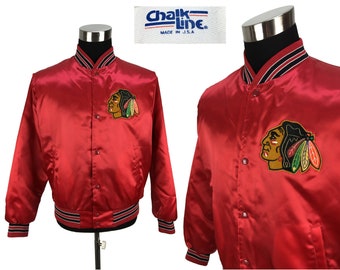 Vintage 80s Chicago Blackhawks Satin Coach&#39;s Jacket MEDIUM | excellent condition! hockey 1980s Chalk Line athletic bomber game NHL nylon