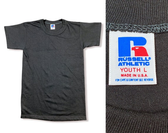 Vintage 80s 50-50 Russell Athletic Blank Black T-shirt YOUTH