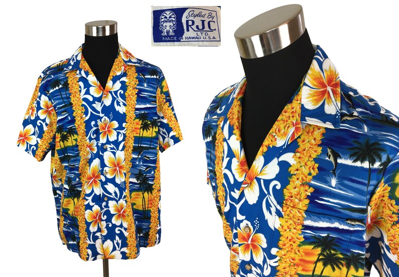 Vintage 70s 80s HAWAIIAN Button-Down Pocket Shirt XL Aloha Vacation Island Dolphins Lei Dad 1970s Floral RJC