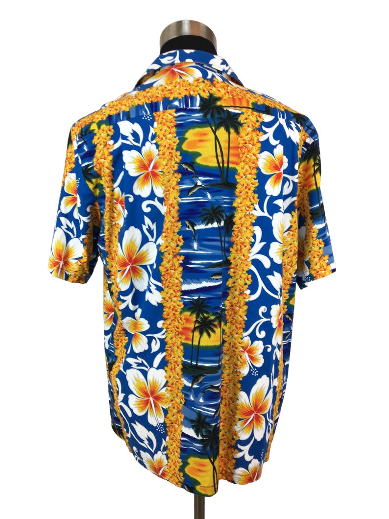 Vintage 70s 80s HAWAIIAN Button-Down Pocket Shirt XL Aloha Vacation Island Dolphins Lei Dad 1970s Floral RJC