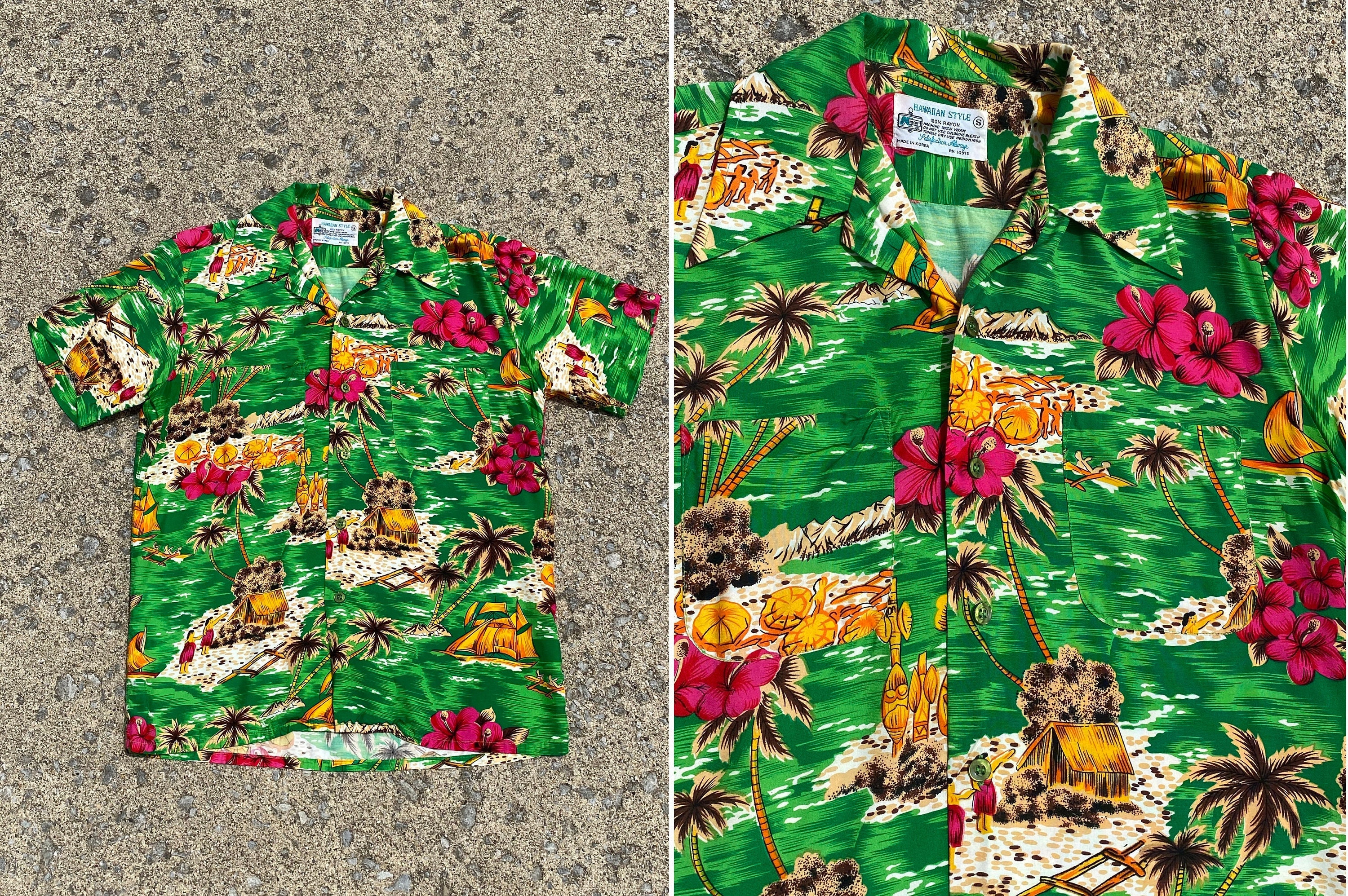 Vintage Hutspah Mens Abstract Hawaiian Disco LS Shirt Khaki Rayon