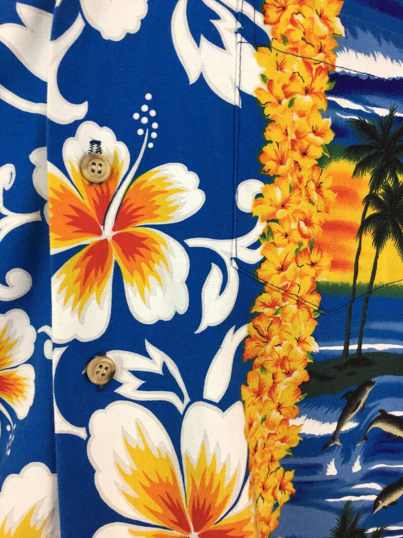 Vintage 70s 80s HAWAIIAN Button-Down Pocket Shirt XL Aloha Vacation Island Dolphins Lei Dad 1970s Floral RJC