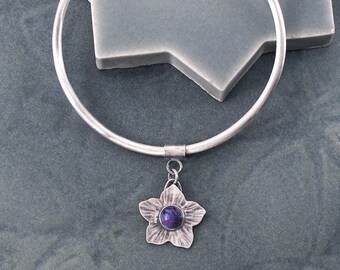 Sterling Silver Thick Bangle with Charoite Flower Charm, Size Small, Oxidized, Ready To Ship