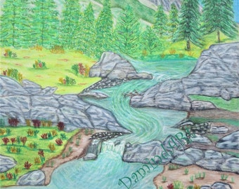 Mountain Stream With Cascades Original Colored Pencil Drawing - Etsy Mountain Stream With Cascades Original Colored Pencil Drawing - Etsy