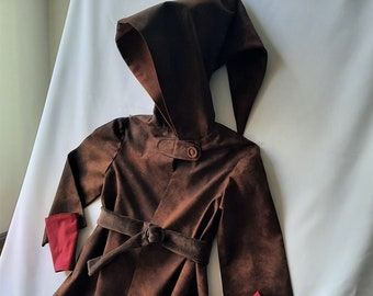 Woodland Elf Outfit, Dwarf Robe, Hobbit Outfit:  Size 3-4, Robe with Pixie Hood, Wrist Guards & Belt, All Cotton, All Handmade