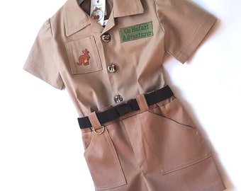 Oz Safari Adventurer Outfit, Wildlife Warrior, Safari Birthday Party Costume: Shirt, Shorts, Belt, Sizes 0-1, 1-2, All Cotton, Handmade