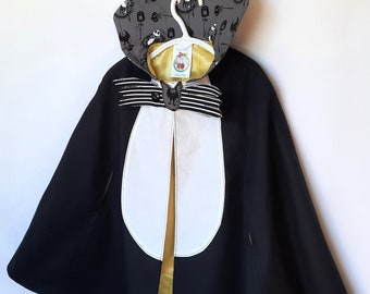 Childs Vampire Cape, White Bib & Bat Wings Bow Tie Cape, Kids Bat Cape: Size 2-4, 4-6 Cape in Cotton and Satin, Handmade, Ready To Ship NOW