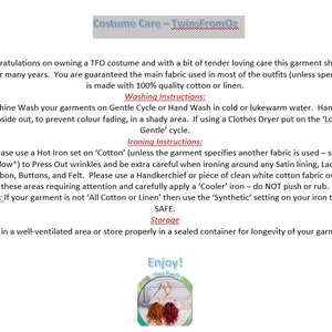 May include: Text on a white background provides costume care instructions. The text includes washing and ironing instructions, along with storage advice. The TwinsFromOz logo is at the top and bottom of the image.