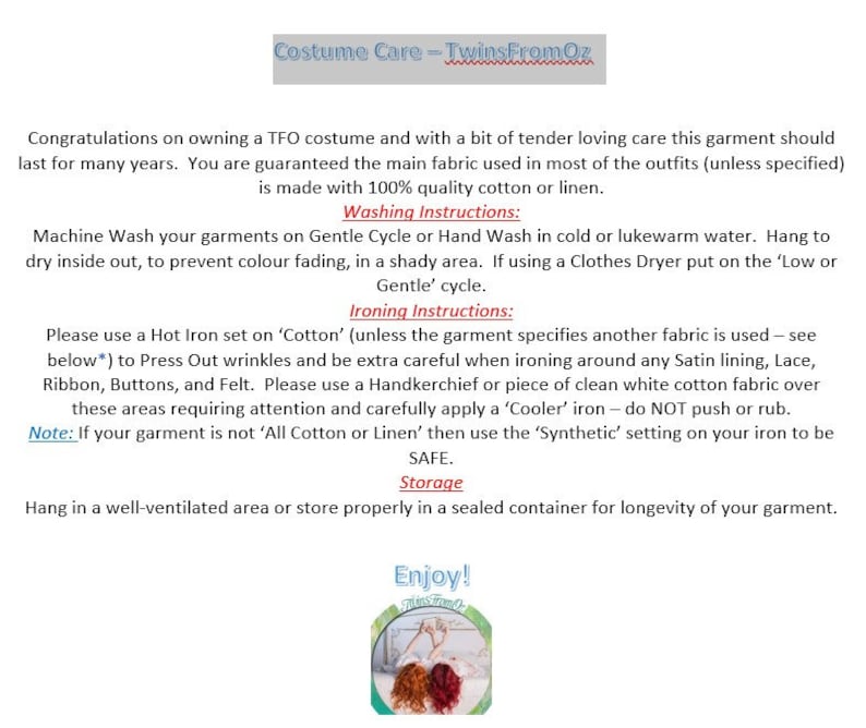May include: Text on a white background provides costume care instructions. The text includes washing and ironing instructions, along with storage advice. The TwinsFromOz logo is at the top and bottom of the image.