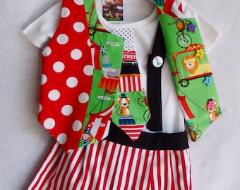 Baby Circus Outfit, Clown, Size 0-1: Reverse Vest, 3/4 Pants-fold up cuffs, Onesie with Attached Tie & Braces,  FREE Express Post, Handmade