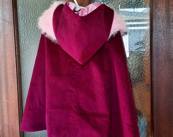 Girl Renaissance Cape, Medieval Hood Cape, Child Elven Cape: Size 2-4, Satin Lined, Fur Collared Cape with Hood, Handmade, Cotton Corduroy