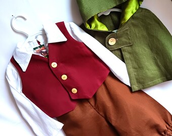 Baby Hobbit Costume, Woodland Elven Outfit, Medieval Cape - Size fit 6-12mnths: Capelet, Vest, Shirt & Britches, All Linen + Blend, Handmade