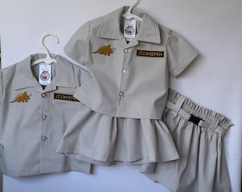 Zookeeper Girl, Jane Goodall Jungle Set, Girl Safari Outfit: Shirt-Dino Patch, Skirt & Belt - Ready Made, Size 0-1, 1-2, 3-4, All Cotton