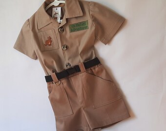 Oz Safari Adventurer Outfit, Summer Jungle Set, Safari Birthday Party Costume: Shirt, Shorts, Belt, Sizes 0-1, 1-2, All Cotton, All Handmade