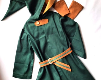 Forest Elf Robe, Hobbit Cape, Woodland Robe, Pixie Outfit: Size 7-8, Robe with Hood, Belt & Wrist Guards, Medium Weight Cotton, All Handmade