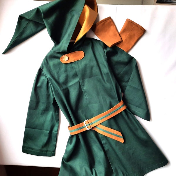 Forest Elf Robe, Hobbit Cape, Woodland Robe, Pixie Outfit: Size 7-8, Robe with Hood, Belt & Wrist Guards, Medium Weight Cotton, All Handmade