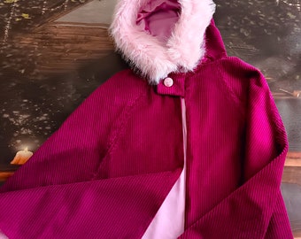 Girls' Handmade Corduroy Hooded Cape, Fur Trim, Size 5-7