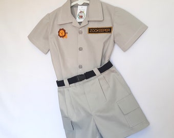 Kids Zookeeper Uniform, Boy Safari Outfit, Jane Goodall Set: Shirt with Lion Badge, Shorts & Belt - Size 0-1, 1-2, 3-4, All Cotton, Handmade