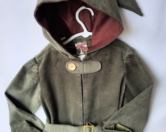 Kids Woodland Elven Robe, Dwarf Costume, Child Hobbit Robe: Size 5-6, Pixie Hooded Robe, Wrist Guards, Belt - Cotton Corduroy, All Handmade