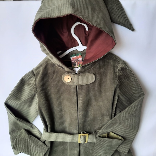 Kids Woodland Elven Robe, Dwarf Costume, Child Hobbit Robe: Size 5-6, Pixie Hooded Robe, Wrist Guards, Belt - Cotton Corduroy, All Handmade