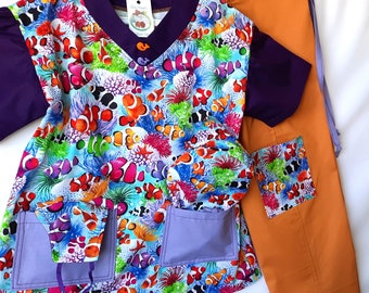 Clown Fish Vet Nurse Outfit, Childs Scrub Set, Kids Doctor Costume: Size 4-5, Tunic Top, Draw String Pants, Cap & Mask, All cotton, Handmade