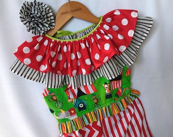 Handmade Girls Circus Costume, Cotton Jester Jumpsuit with Ruffled Collar (Custom Sizes)