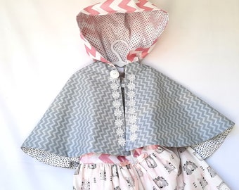 Teddy Bears Picnic Costume, Birthday Party Outfit, Girls Dirndl : Size 2-3, Cape with Hood, Long Dress with Overskirt, All Cotton, Handmade