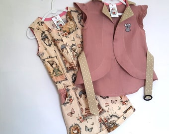 Girl Romper Outfit,  Summer Beach Set, Spring Outfit: Vest Jacket, Rompers, Belt with Buckle - Size 3-4, Cotton, Linen Blend, All Handmade