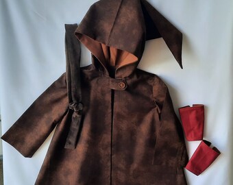 Woodland Elf Outfit, Dwarf Cape, Hobbit Outfit:  Size 3-4, Cape with Pixie Hood, Wrist Guards & Belt, All Cotton, All Handmade