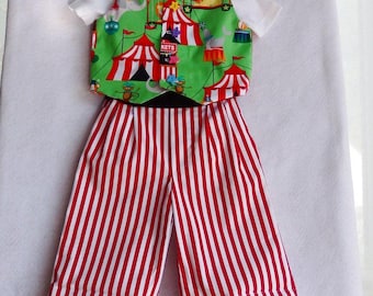 Kids Circus Clown Costume, Reversible Vest, Striped Pants, All Cotton Handmade (Size 1-2)
