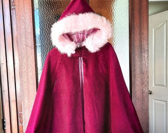 Girls Pixie Elven Robe, Renaissance Cape, Medieval Cape: Size 5-7, Fur Trim Hooded Cape fully lined in Satin, All Handmade, Cotton Corduroy