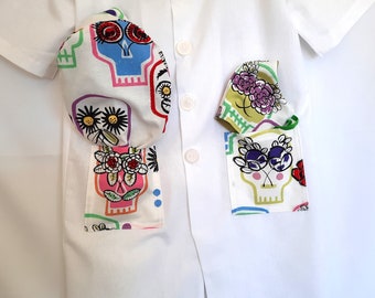 Childs Handmade Cotton Doctor Outfit: Skull Pockets, Cap & Mask - Size 6-7