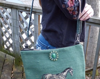 Vintage Horse Needlepoint Tapestry Boho Bag-Handmade- Tapestry Backing-Tasseled Fringe-Carpet Bag-Upcylcled- Shoulder Bag Trendy Modern 2020