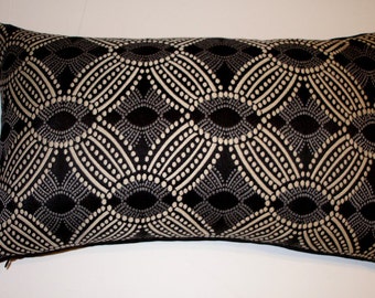 Bold Black & Off White Geometric Lumbar Throw Pillow Cover- 21 x 12 - Handmade- Black Velvet Backing- For The Home- Fall Trends 2022