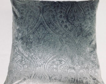 Gray Velvet Paisley Throw Pillow Cover-20x20-Handmade-Robert Allen Upholstery -Designer Pillow -Fabric on Front & Back- Fresh Finds- Modern
