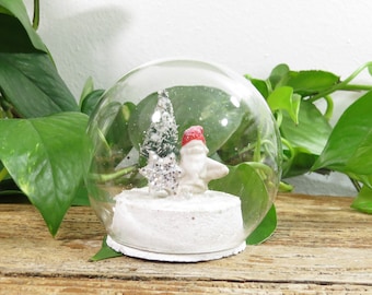 Christmas Gnome in Glass Globe with Christmas Tree 3" Antique German Dwarf