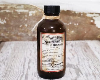 Replica Apothecary Bottle | Strychnine Reproduction Poison Label | Empty Amber Glass Bottle 4.5"