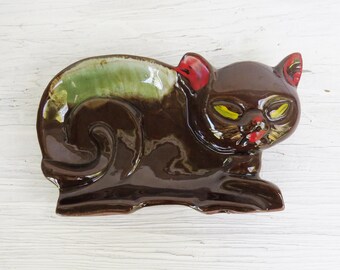 Cat Trinket Dish or Figurine- Brown and Green Cat Dish- 5 1/2"