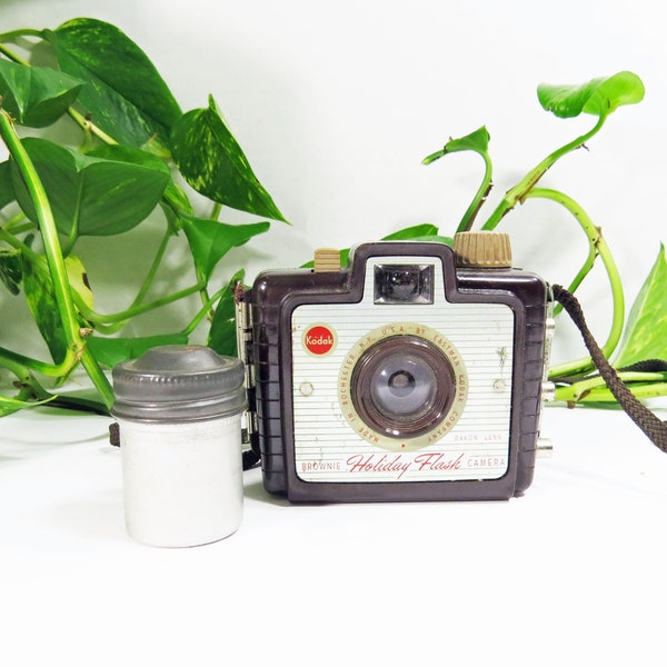 Brownie Holiday Flash Camera and Old Empty Film Tin- Vintage Rustic Distressed Old Camera (NOT TESTED)