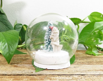 Christmas Gnome in Glass Globe with Christmas Tree 3" Antique German Dwarf