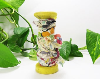 Prim Yellow Spool with Vintage Fabric Scraps- 5" Old hard Plastic Spool