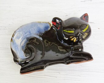 Cat Trinket Dish or Figurine- Black and Blue Cat Dish- 5 1/2"