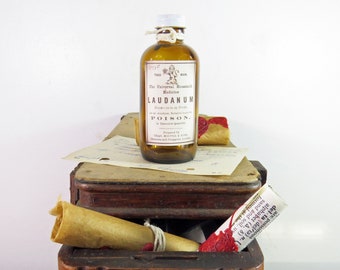 Replica Laudanum Apothecary Bottle - REPLICA/REPRODUCTION label- EMPTY Amber Glass Bottle 4.5"