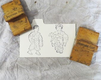 Vintage Japanese Boy & Japanese Girl Rubber Stamp Set Wooden School Stamps | Ephemera Scrapbooking